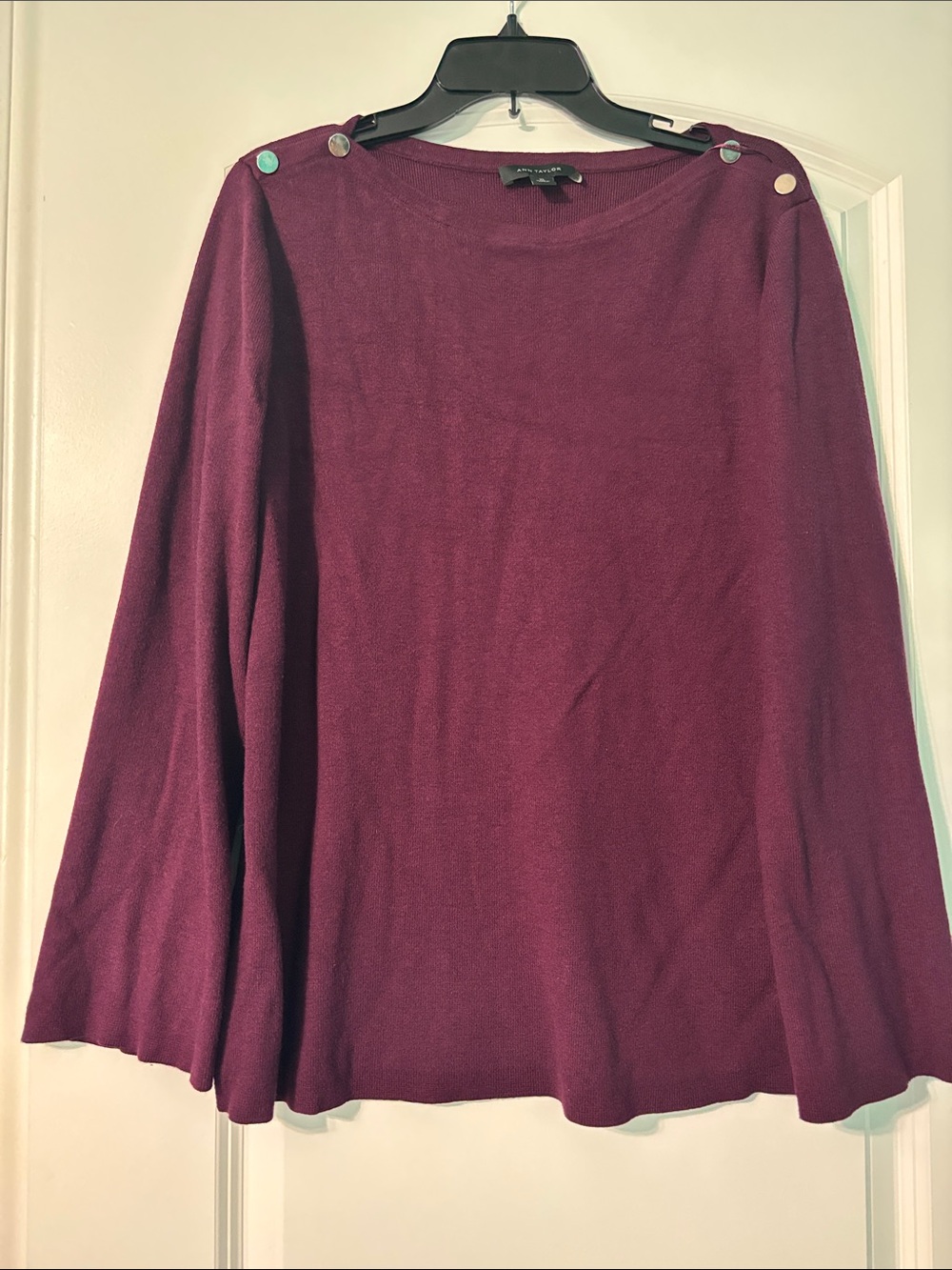 Ann Taylor Plum A-Line Sweater with Shoulder Buttons and Bell Sleeve